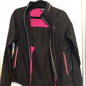 Black windbreaker with hood and pink detailing